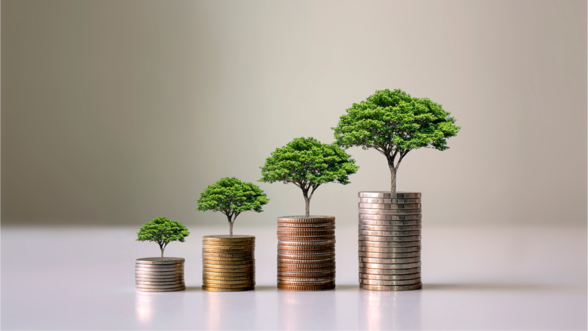 Showing financial developments and business growth with a growing tree in a coin toss.