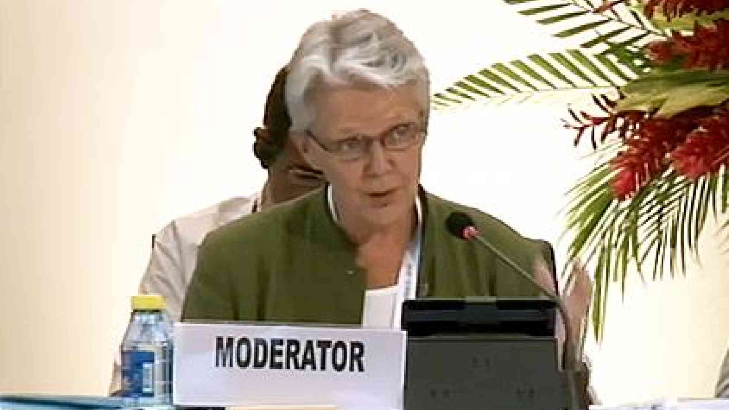 Head of UNISDR, Margareta Wahlstrom, moderating the DRR session at the SIDS Conference yesterday. (Photo: Screenschot from UN Web TV)