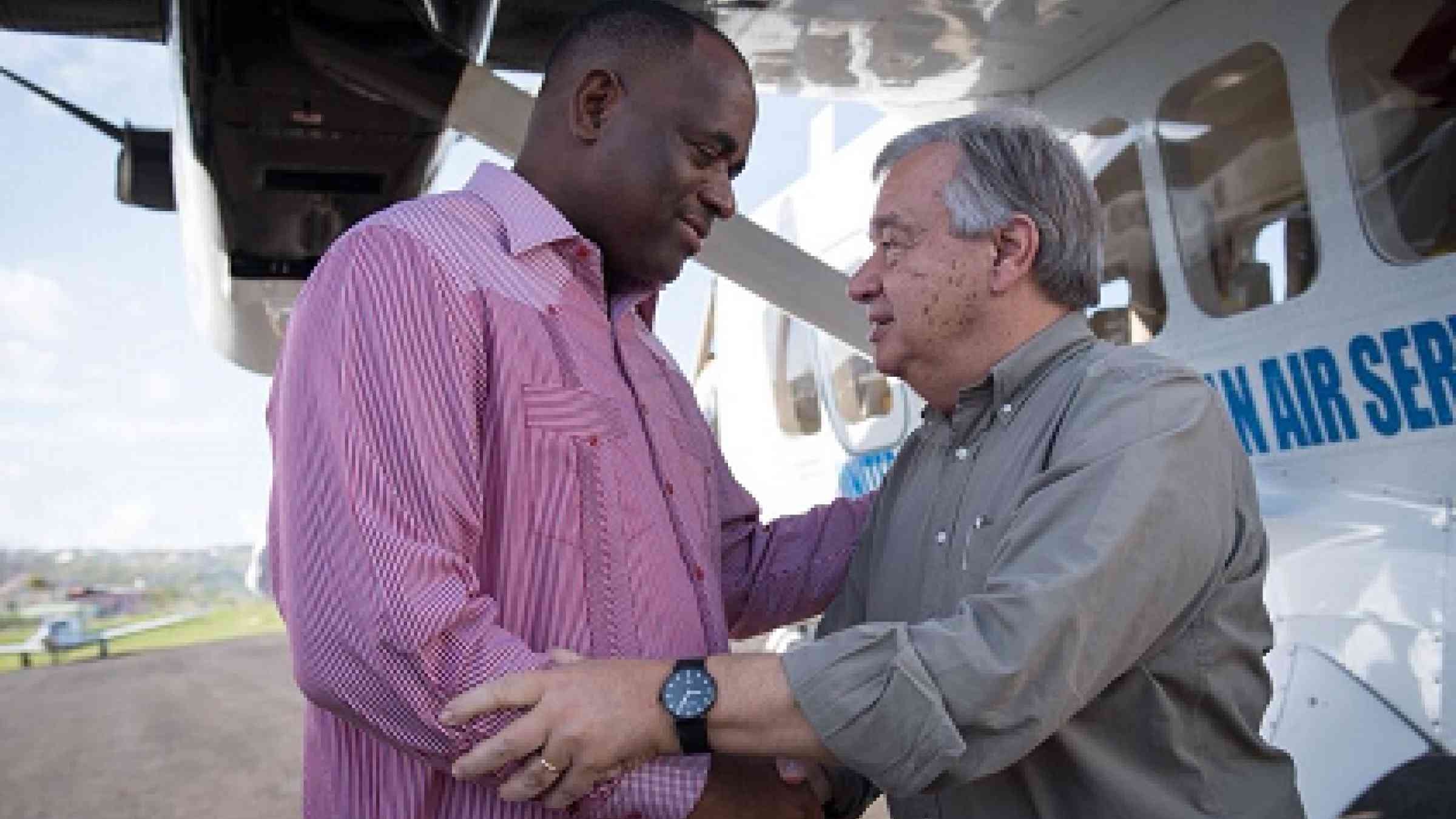 PM Dominica, Roosevelt Skerrit (left), meeting with UN Secretary-General, António Guterres in the aftermath of Hurricane Maria - UN Photo/Rick Bajomas