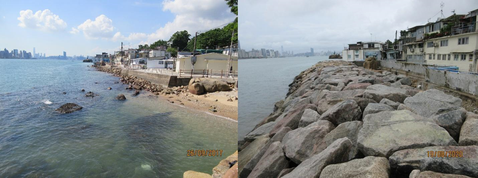 The left image shows damage to the seawall at Lei Yue Mun seafront after Super Typhoon Hato. The right image shows the rock-armored bund along the seafront and concrete wall along footpaths. Photos courtesy of the Civil Engineering and Development Department of the HKSAR. 