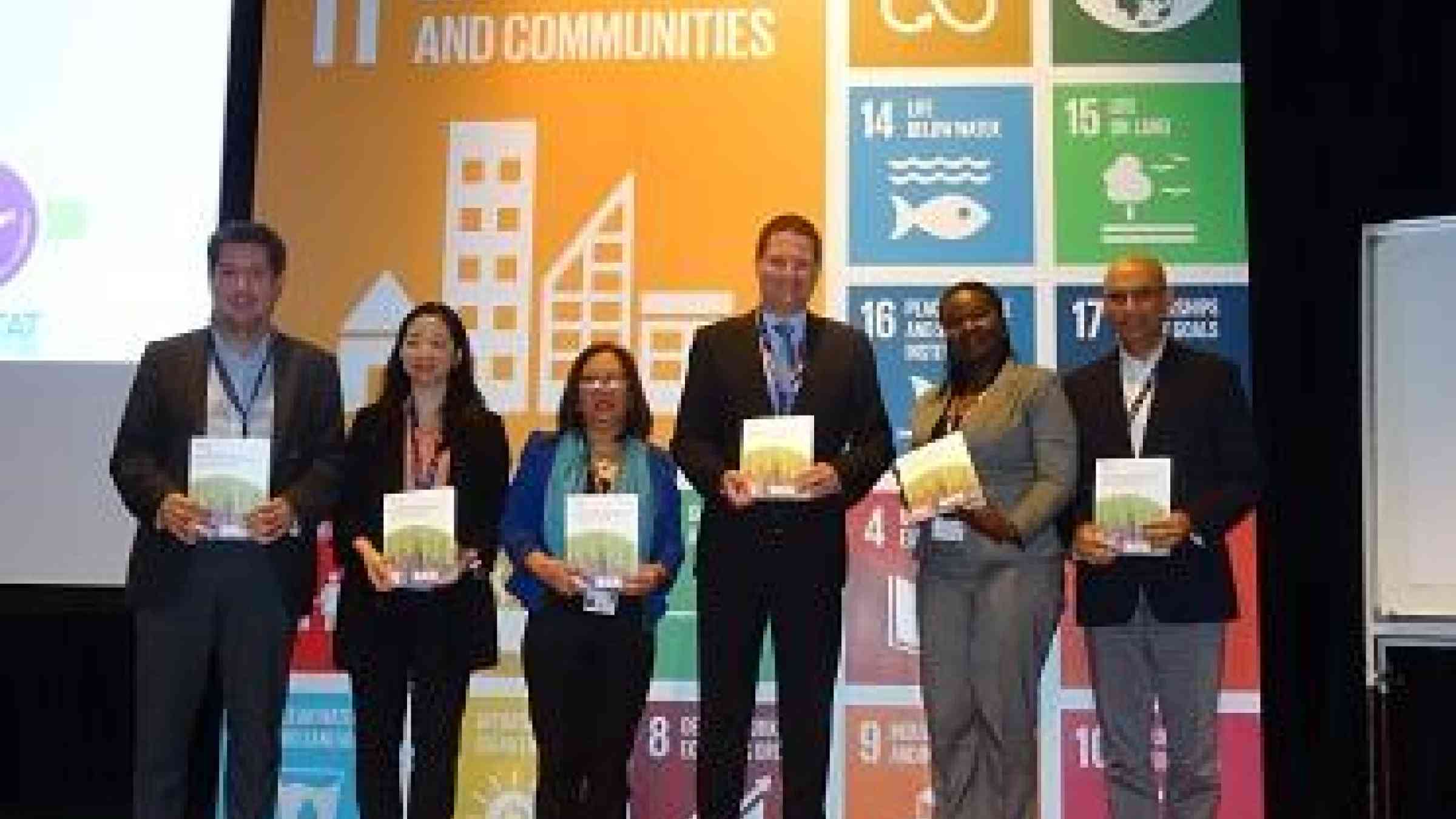 Pictured at today's launch of the Handbook for Local Government Leaders (from left) Leon Esteban, UN Habitat, Mutarika Pruksapong, UNISDR, Violeta Seva, Philippines, Mauricio Rodas, Ecuador, Consolate Kiyingi, Uganda, and Sanjay Bhatia, UNISDR