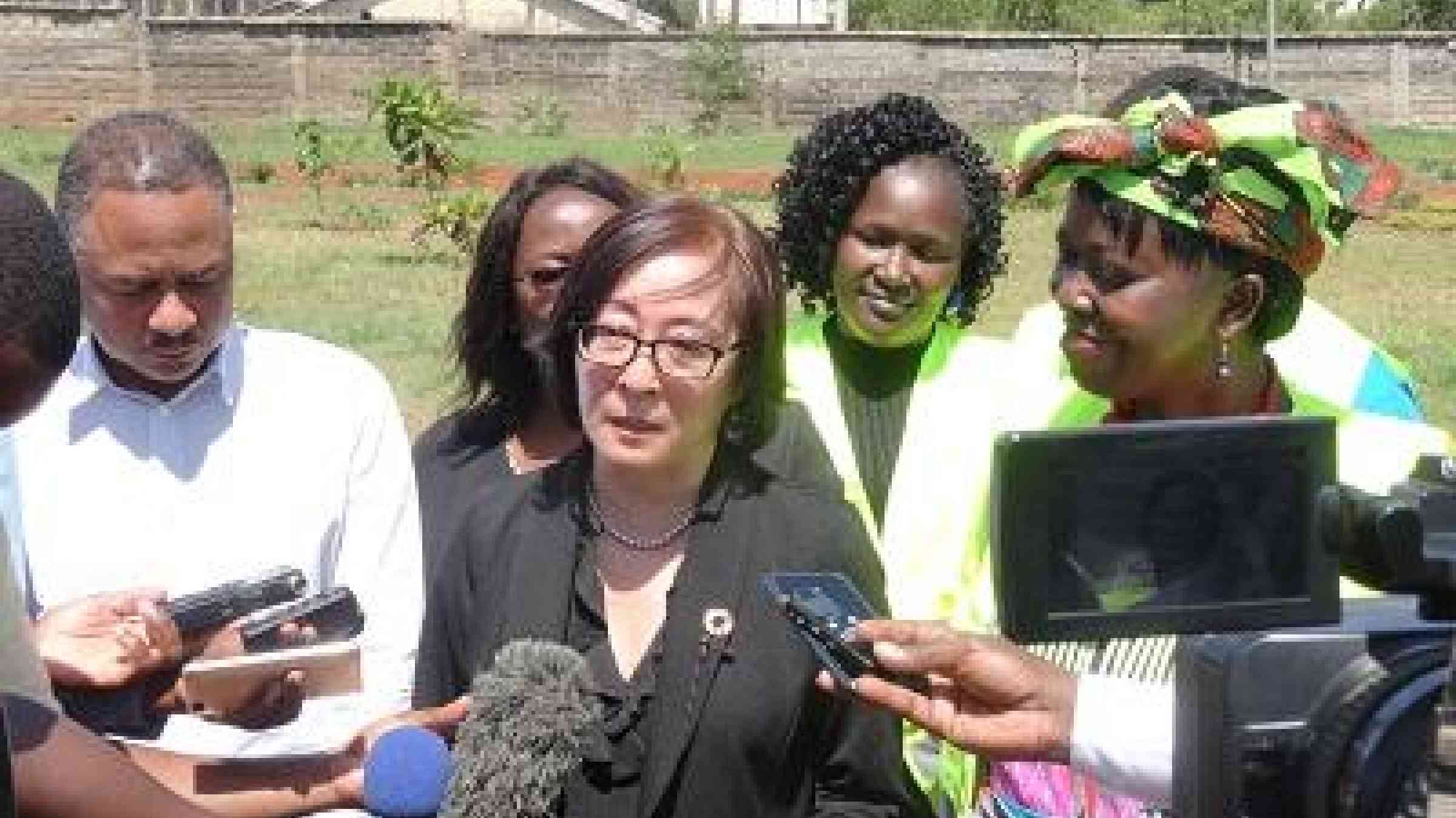 Mami Mitzutori speaking with the press in Kisumu yesterday flanked by city manager Doris Ombara, and head of Africa regional office, Amjad Abbashar