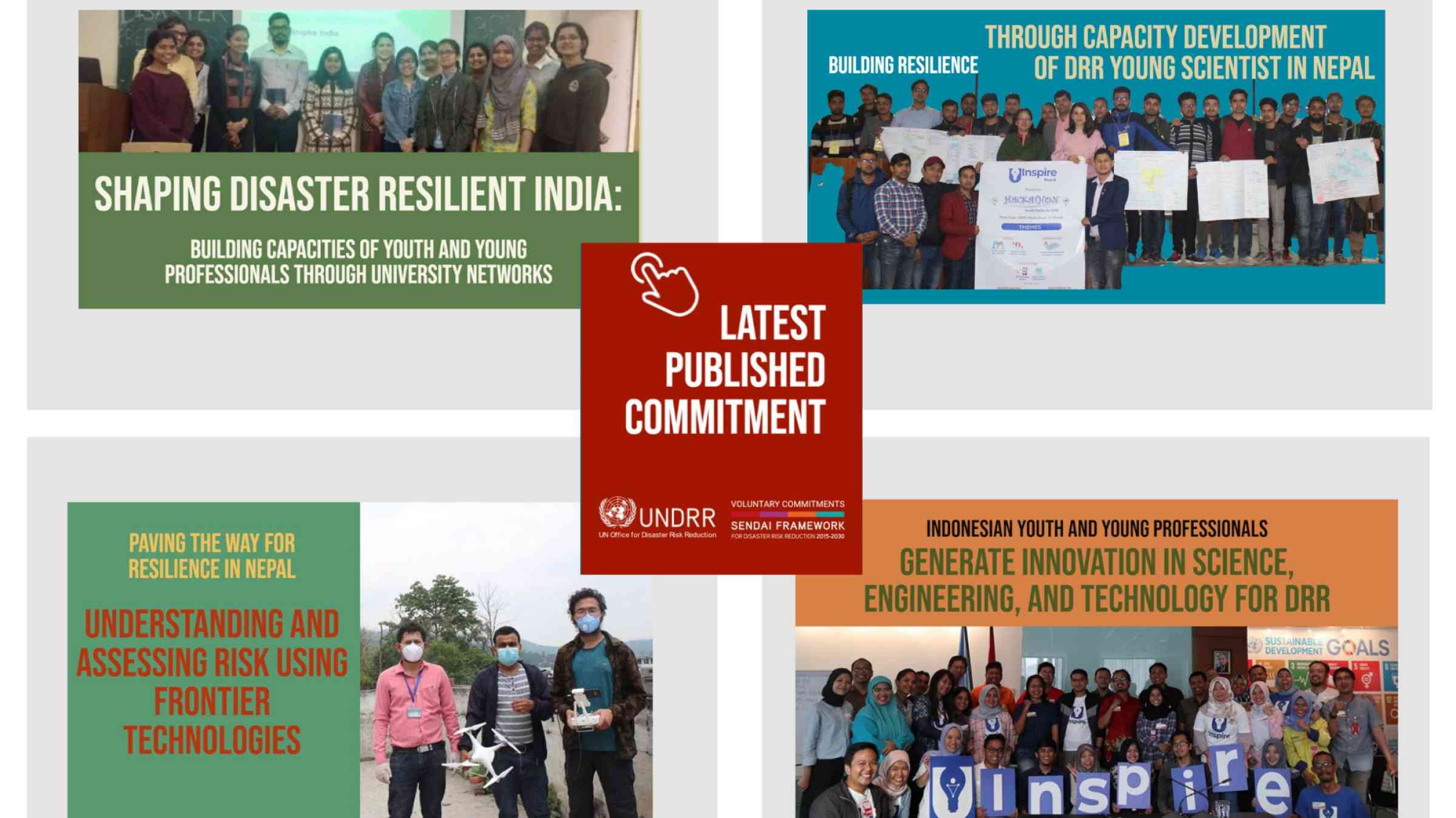 Snapshots of the four Sendai Framework Voluntary Commitments published by the U-INSPIRE chapters in Nepal, Indonesia and India