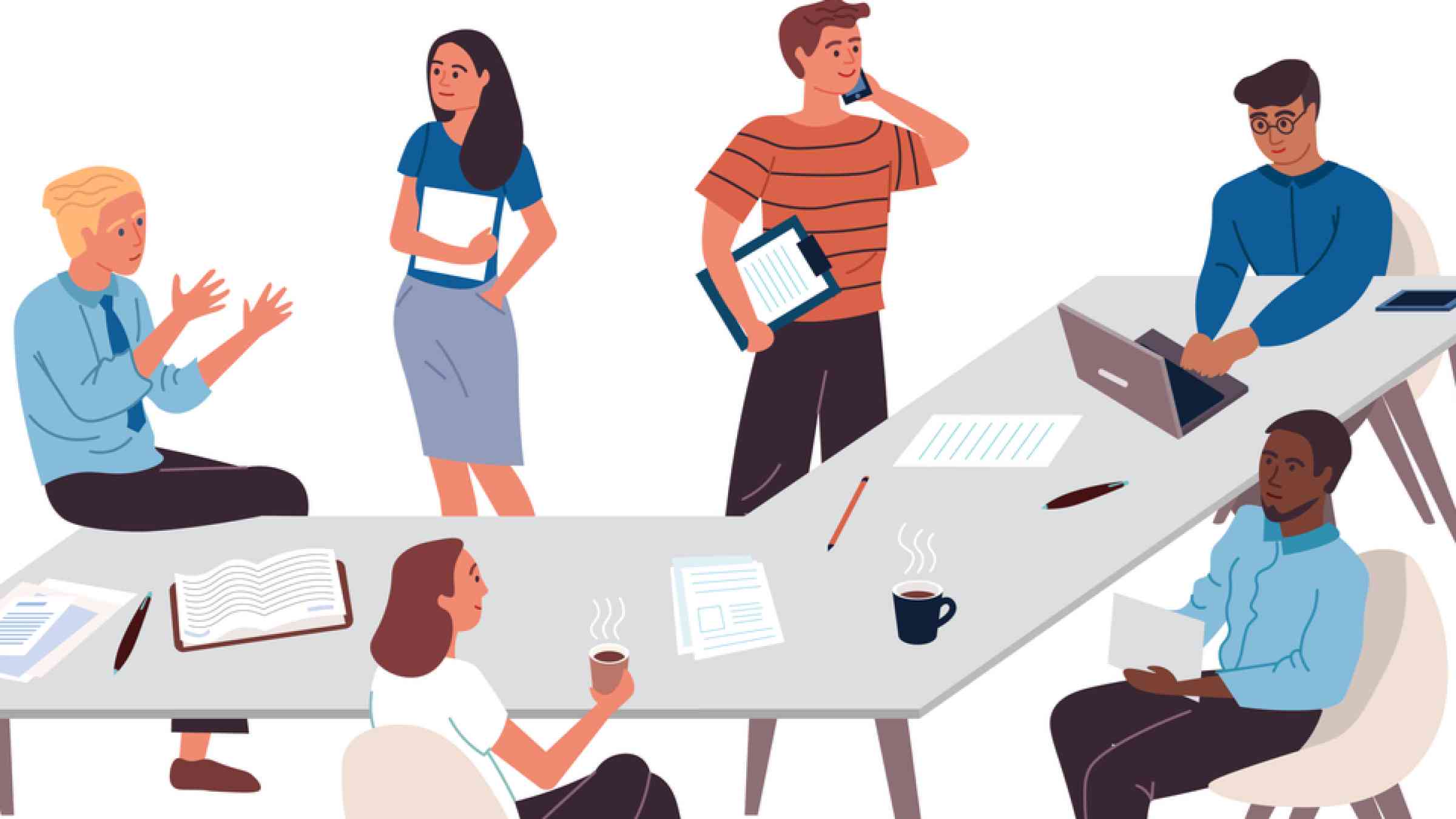 Illustration of people working collaboratively in an office