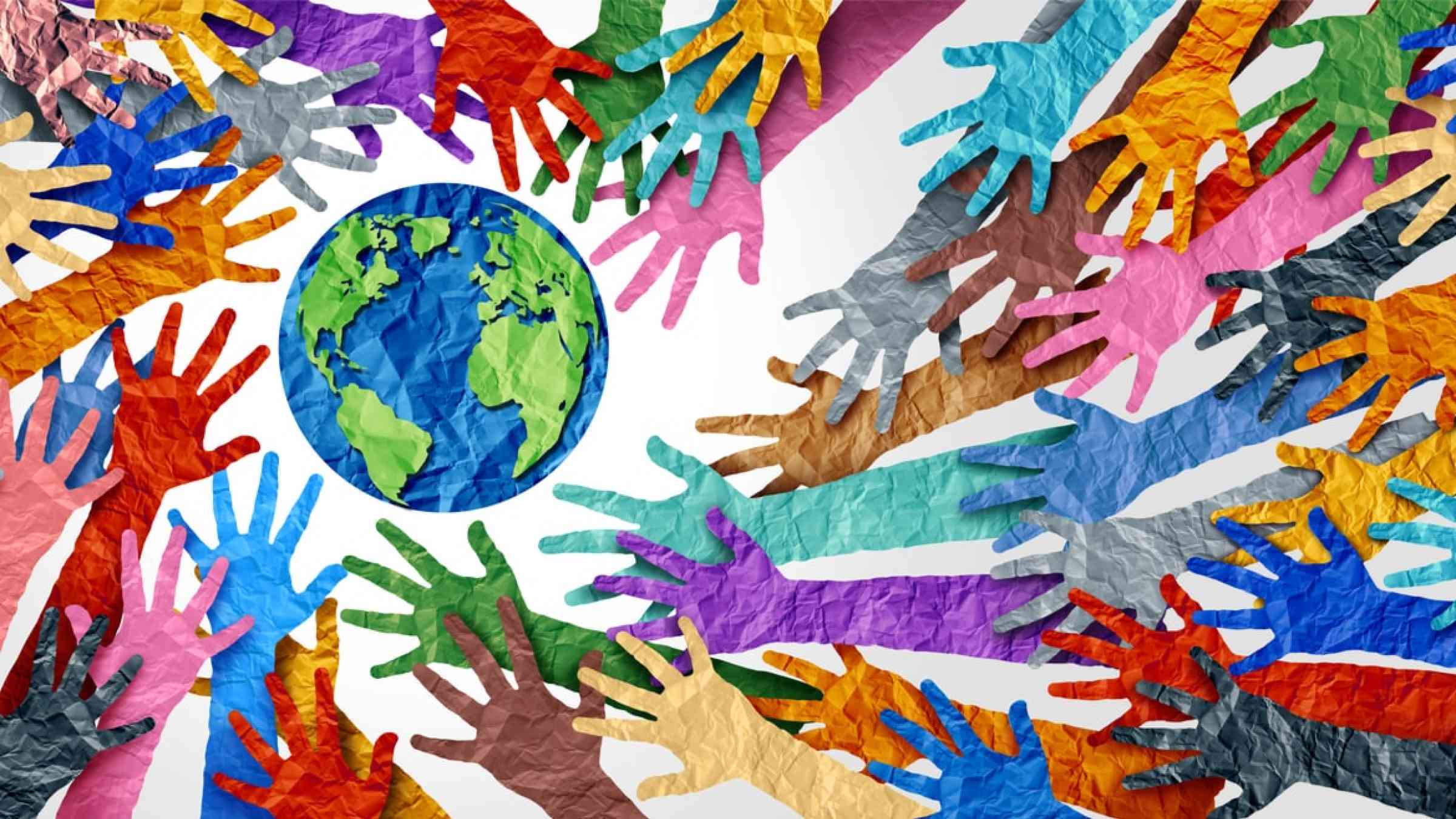 Image portraying world diversity with many different coloured hands