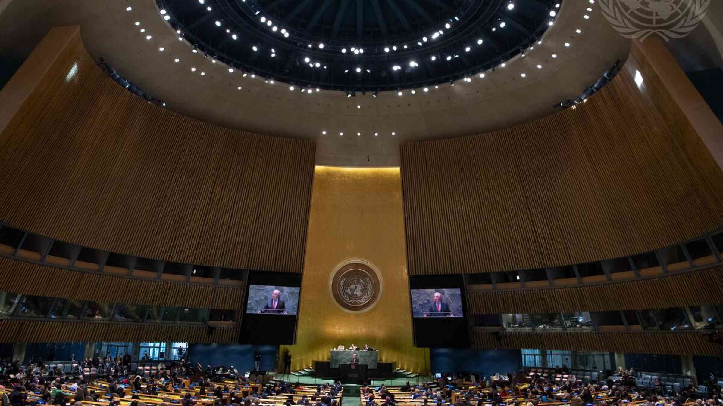 A wide view of the General Assembly Hall as Secretary-General António Guterres (on screens) addresses the opening of the sixty-sixth session of the Commission on the Status of Women (CSW).