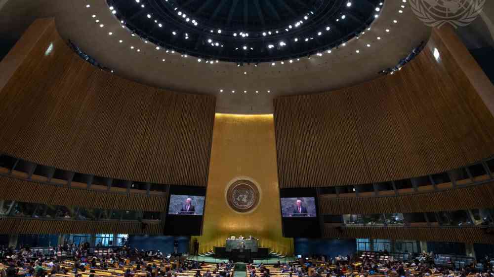A wide view of the General Assembly Hall as Secretary-General António Guterres (on screens) addresses the opening of the sixty-sixth session of the Commission on the Status of Women (CSW).