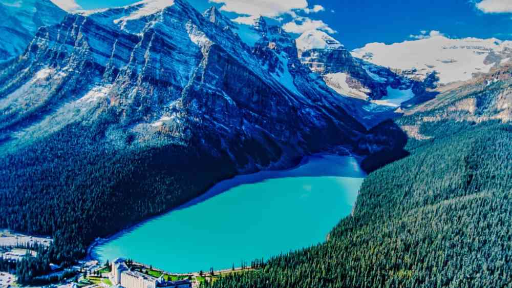 Aerial image of Lake Louise in Alberta, Canada