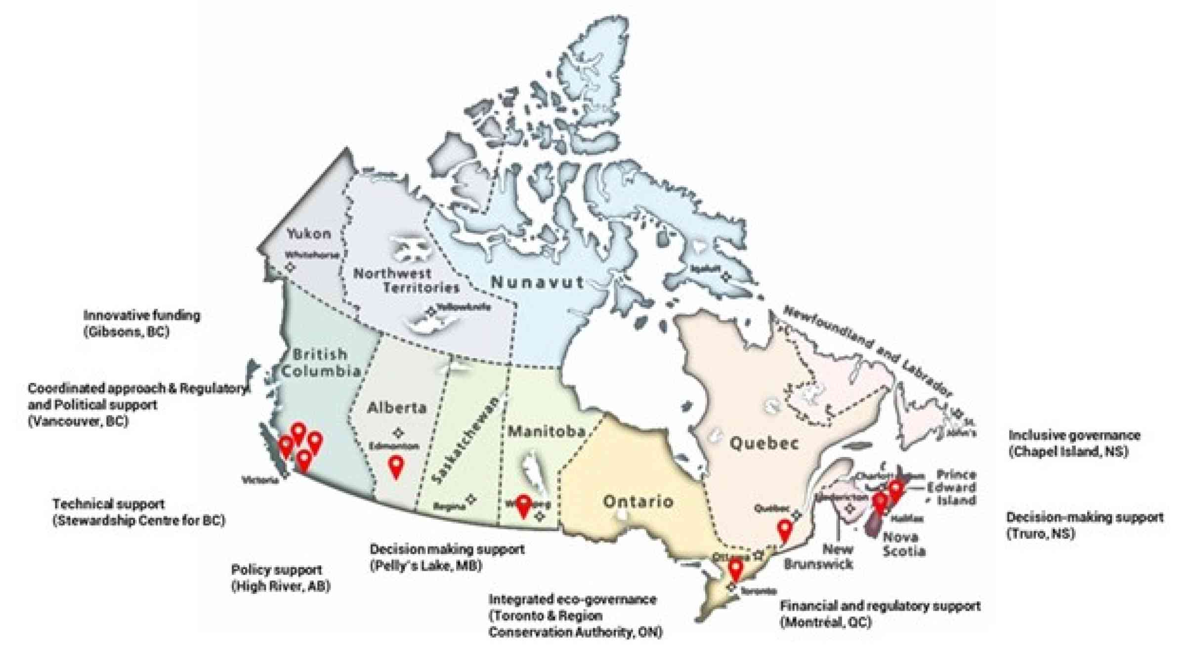 Map showing the ten natured-based solution examples that Canada shared with the Coalition for Disaster Resilient Infrastructure