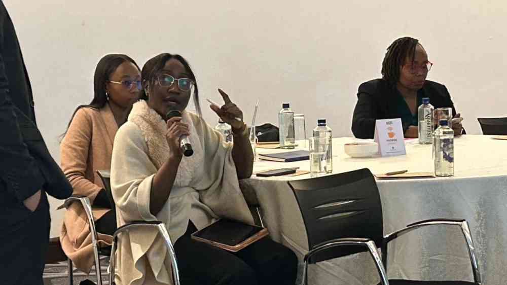 A woman holds a microphone while speaking at the disaster-related and climate statistics workshop in Kenya, held in November of 2024