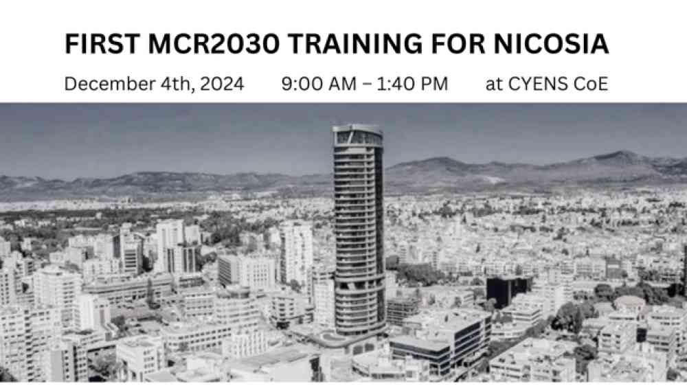 promotional flyer of the MCR2030 online training for Nicosia