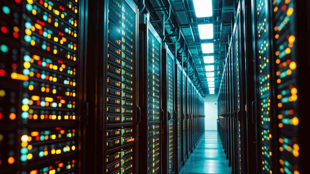 Data centers filled with rows and rows of servers as blinking light indicate constant processing