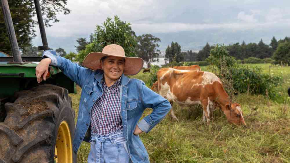 An adult woman smiling, standing beside her tractor with her cows in the middle of a green field in Ecuador, South America