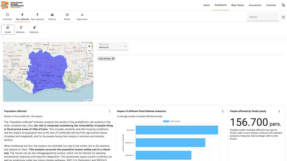 A screenshot of the Côte d'Ivoire flood risk profile online platform