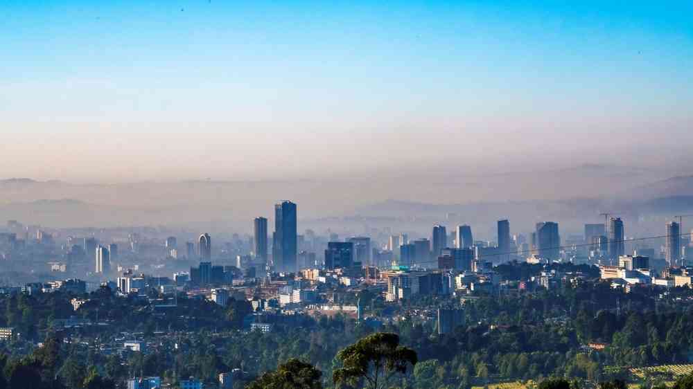 Addis Ababa in Ethiopia viewed from a distant mountain in the morning