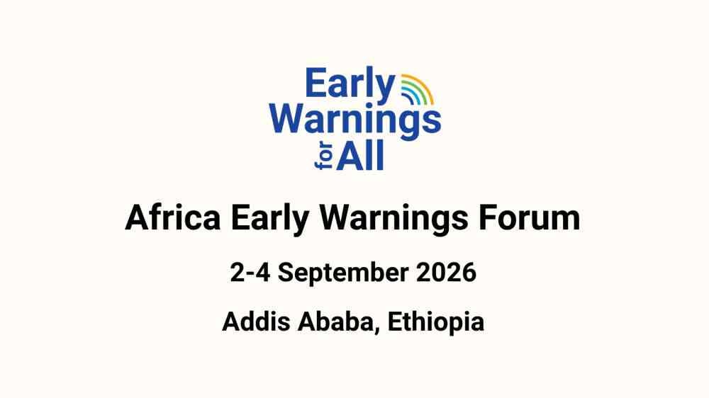 A banner for the Africa Early Warnings Forum, showing the date, location, and Early Warnings for All logo