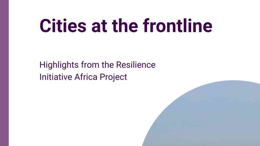 Cover page for the publication "Cities at the Frontline", with project logos at the top, and a circle cropped photo of an urban area in the bottom right corner