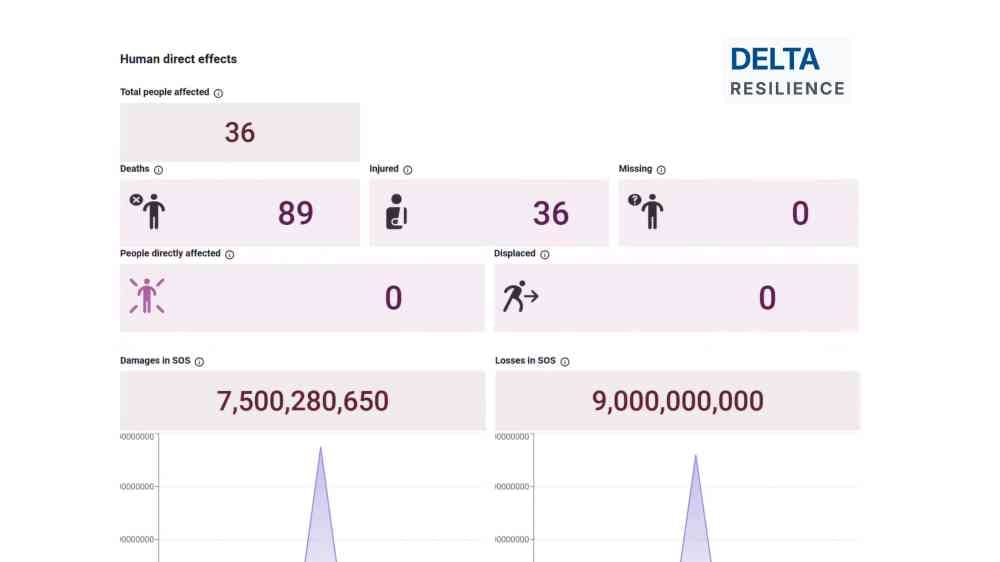 A screenshot from the DELTA Resilience platform, showing analysed data that has been organised with charts and icons