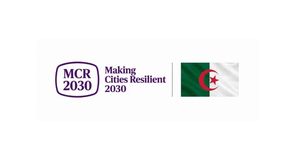 Making Cities Resilient 2030 (MCR2030) logo alongside the Algerian national flag, representing the online urban resilience training series for participating Algerian cities.