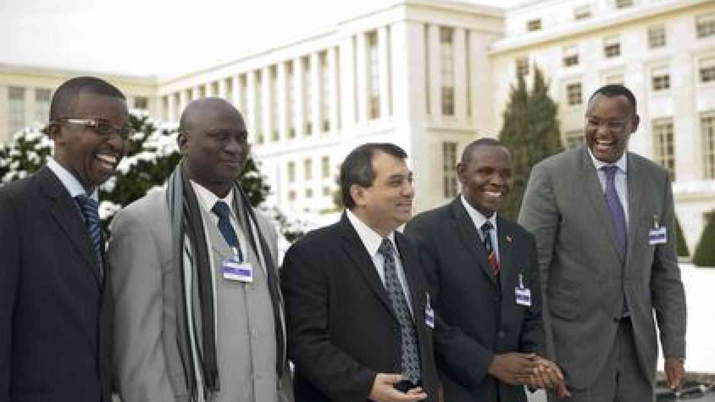 From left to right: Bobi Odiko, East African Legislative Assembly; Abdou Sane, Senegal; Saber Chowdhury, Bangladesh; Alex Byarugaba, Uganda; and Abdirahim H.Abdi, Speaker of East African Legislative Assembly. Not pictured: Saumura Tioulong, Cambodia.