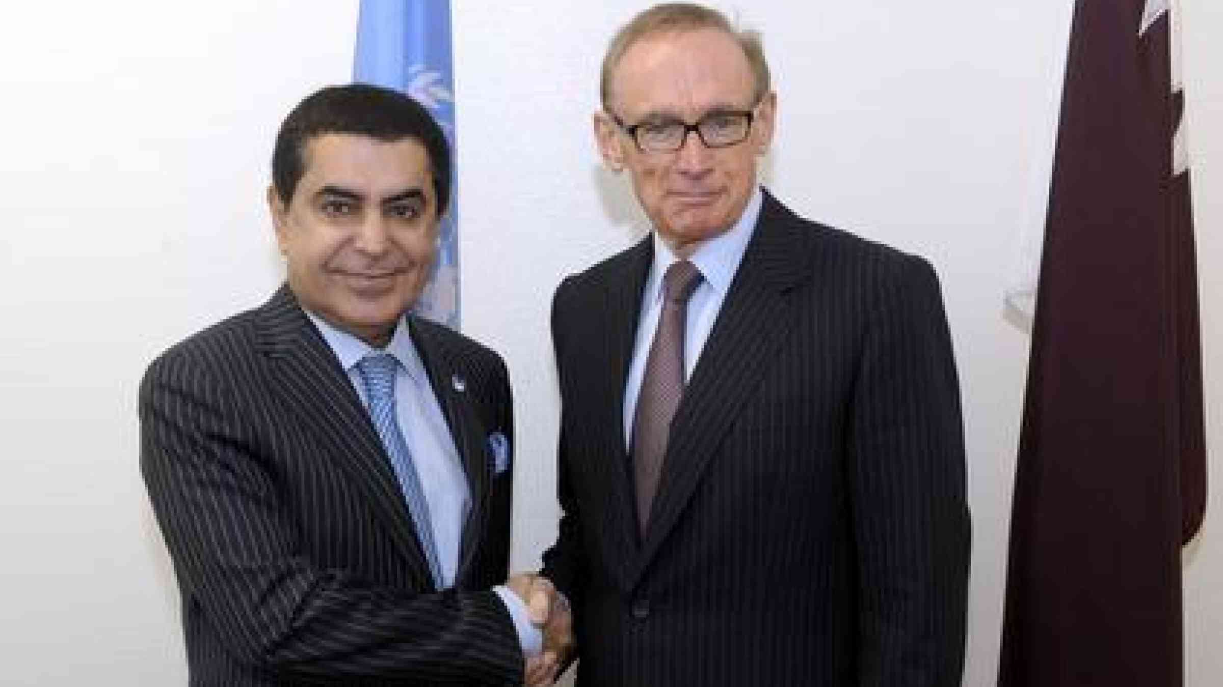 From left: Nassir Abdulaziz Al-Nasser, President of the sixty-sixth session of the General Assembly, meets with Bob Carr, Minister for Foreign Affairs of Australia prior to attending the UN General Assembly Thematic Debate on Disaster Risk Reduction.