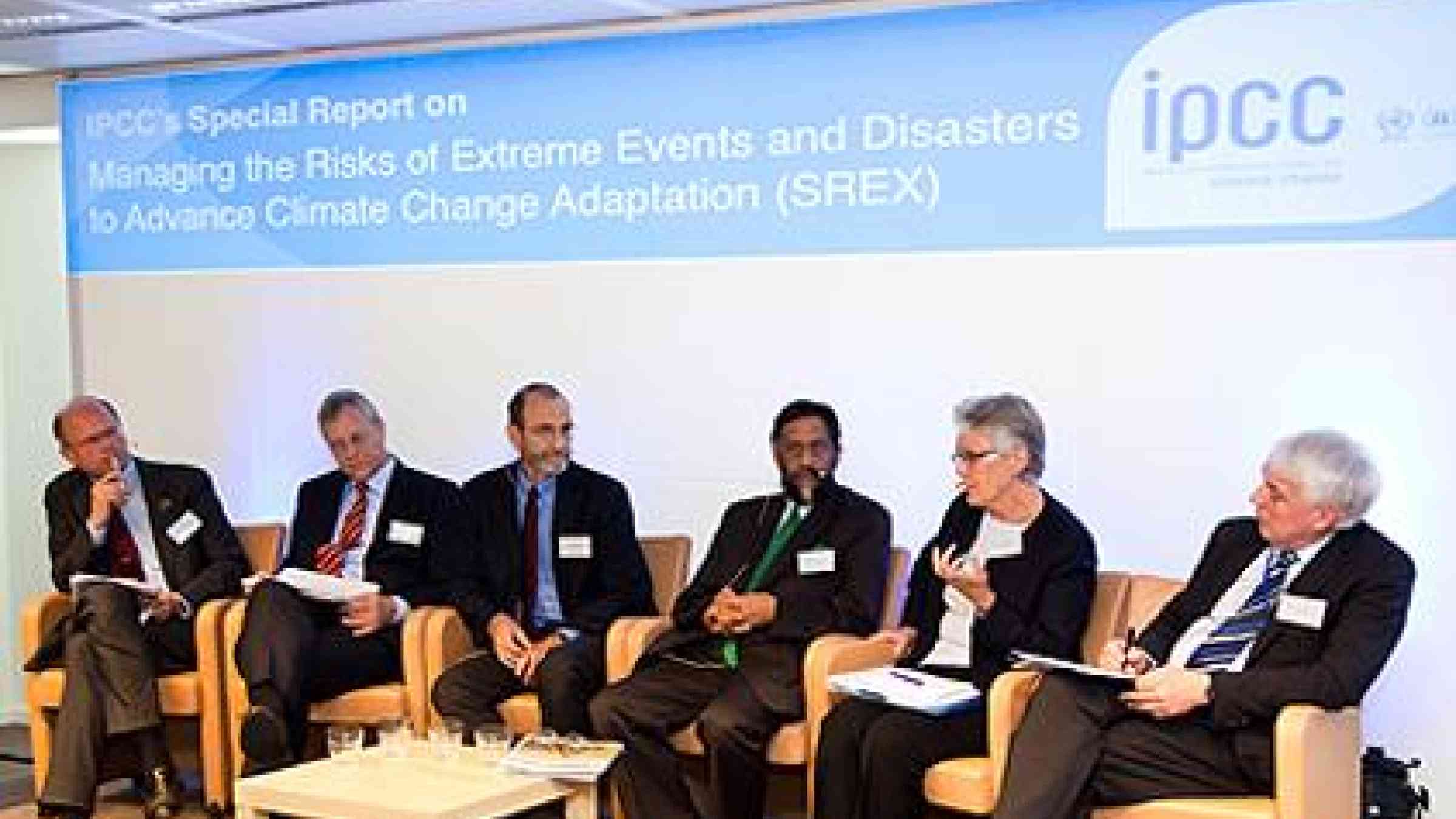 From left to right: Jean-Pascal van Ypersele (IPCC Vice Chair and Professor of Climate and Environmental Sciences at UCL Belgium),  John Coomber (Board member of Swiss Re and Chairman of ClimateWise) Chris Field, Co-chair of IPCC Working Group II, Rajendra Pachauri, Chair of the IPCC, Margareta Wahlström, Special Representative of the Secretary-General for Disaster Risk Reduction, and Jamie Shea, NATO Deputy Assistant Secretary General for Emerging Security Challenges. © Belspo / Nevens.