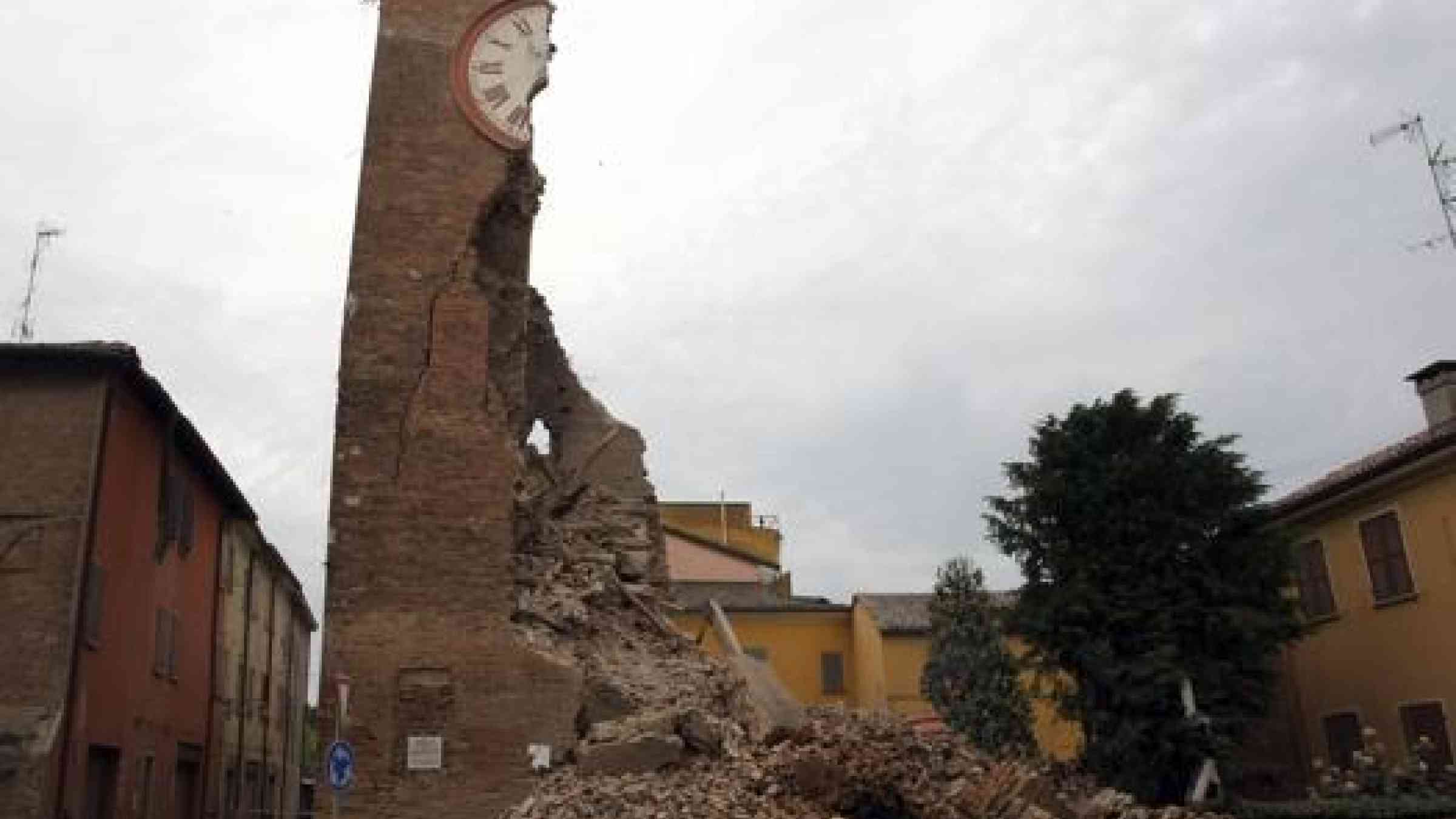 Ruins of the destroyed Clock Tower after an earthquake in northern Italy