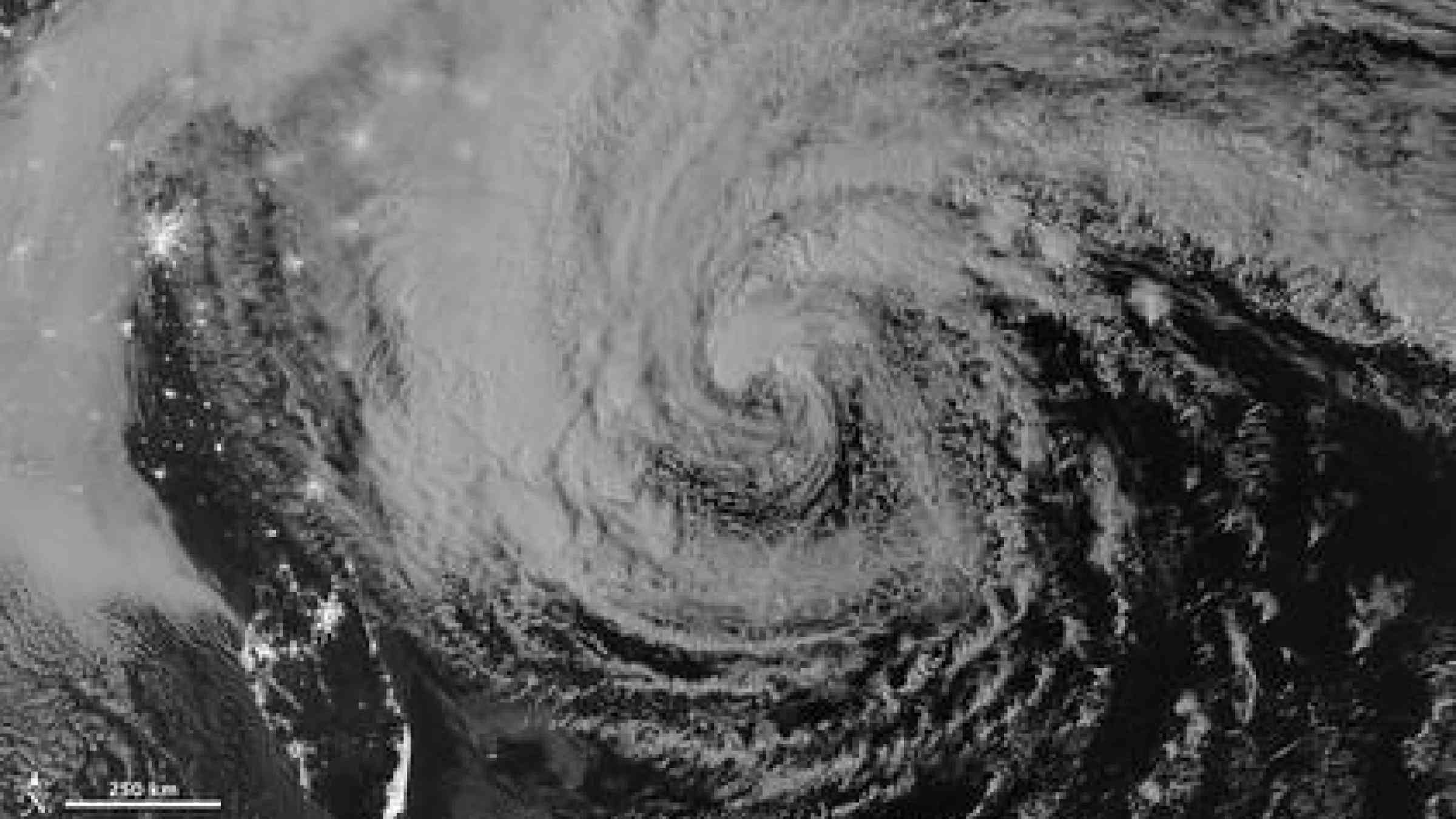 This image of Hurricane Sandy was acquired by the Visible Infrared Imaging Radiometer Suite (VIIRS) on the Suomi NPP satellite at 2:42 a.m. Eastern Daylight Time (06:42 Universal Time) on October 28, 2012.