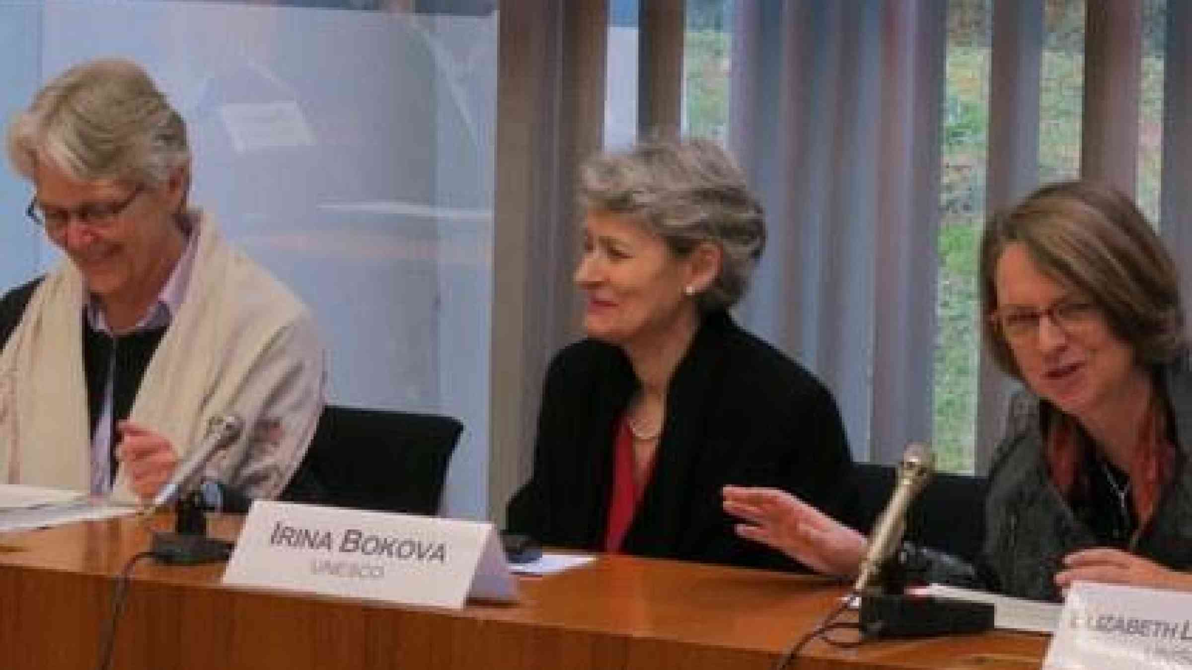 From left: UN Secretary-General Special Representative for Disaster Risk Reduction Margareta Wahlström, UNESCO Director-General Irina Bokova, and UNISDR Director Elizabeth Longworth.