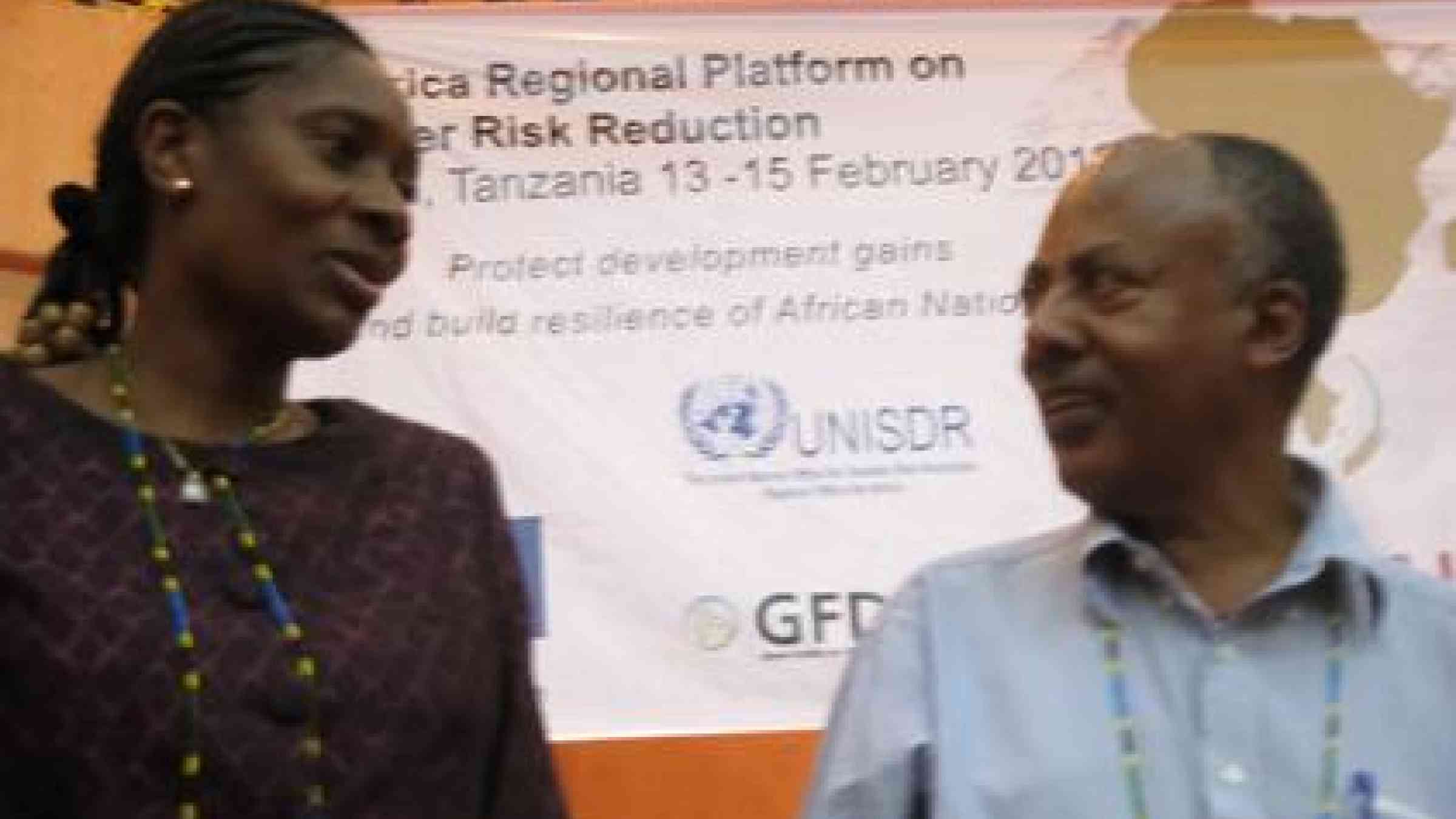 Speakers at the 4th Africa Platform on Disaster Risk Reduction, Dulce Chilundo, Mozambique's National Disaster Management Institute, and Tadesse Bekele,Ethiopian Ministry of Agriculture.