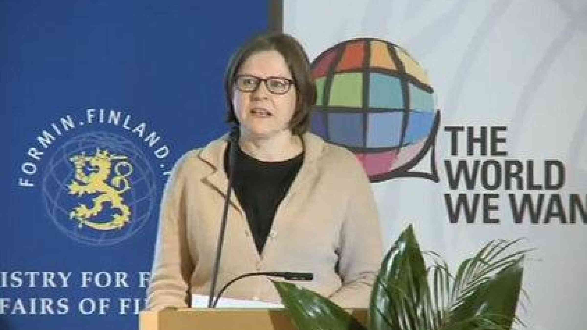Minister of International Development of Finland, Heidi Hautala, speaking at the opening of the Global Thematic Consultation on Conflict, Violence and Disaster and the Post-2015 development agenda.