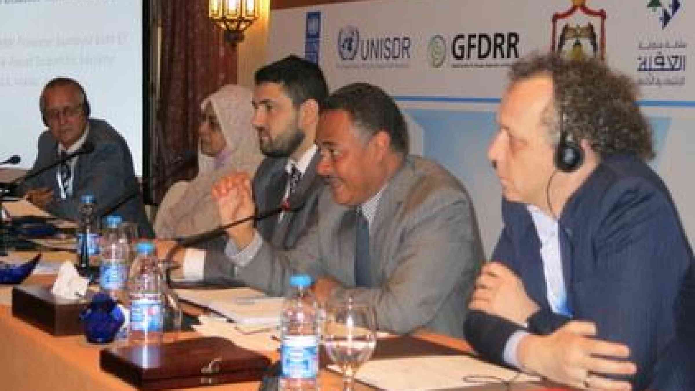 On the speaker's platform yesterday for the closing session of the First Arab Regional Conference on Disaster Risk Reduction. From left: Juerg Zumstein, Swiss Agency for Development and Cooperation; Ambassador Shahira Wahbi, League of Arab States;  Dr. Muhanned Adnan Hararah, Aqaba's Commissioner for Environment and Health Control; UNISDR head of office for Arab States, Amjad Abbashar; and Jo Scheuer, Coordinator, DRR and Recovery Team, UNDP.