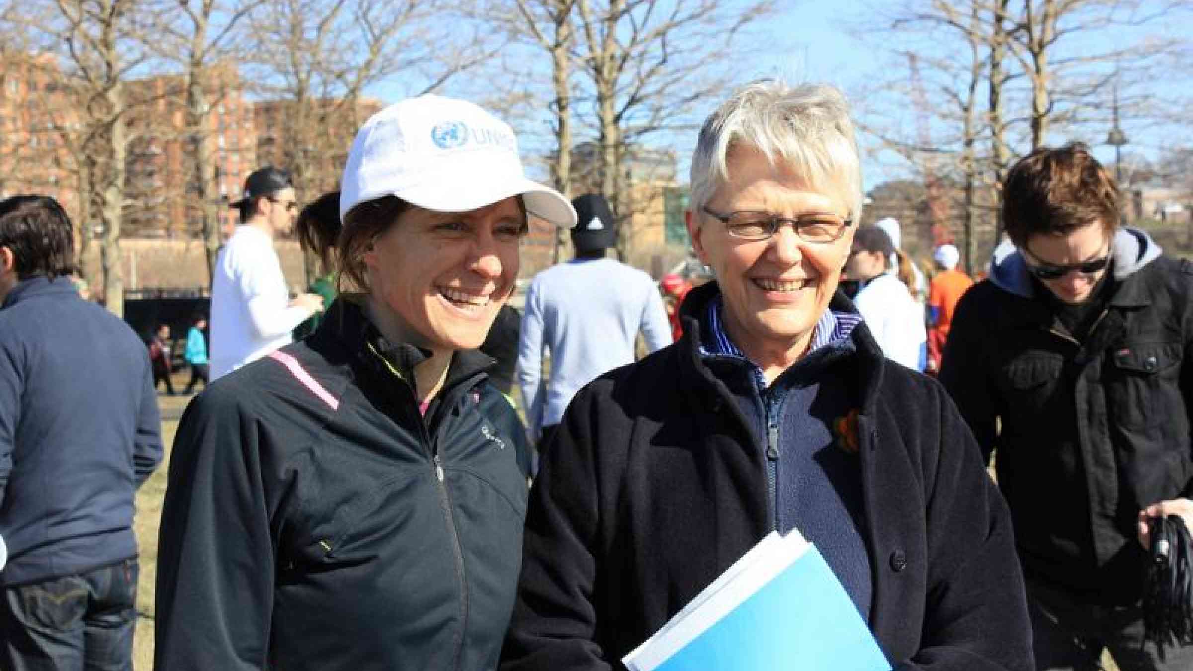 Mayor Dawn Zimmer of Hoboken, NJ and Margareta Wahlström. Chief of UNISDR. The City of Hoboken organized the Hoboken Resilience Run, a 5K and Fun Run for post Hurricane Sandy recovery. The run, which took place on 6 April 2013, was organized in support of UNISDR's Making Cities Resilient Campaign
