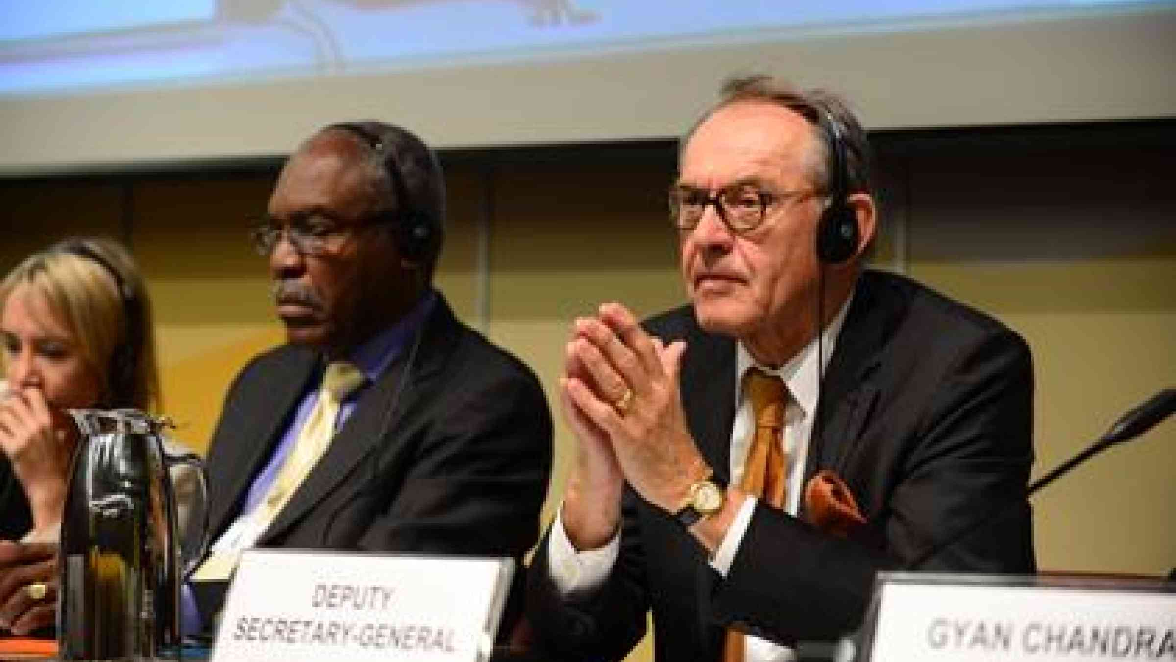 UN Deputy Secretary-General Jan Eliasson listens to the discussions in a featured event on strengthening partnerships towards disaster risk reduction for small island developing states.