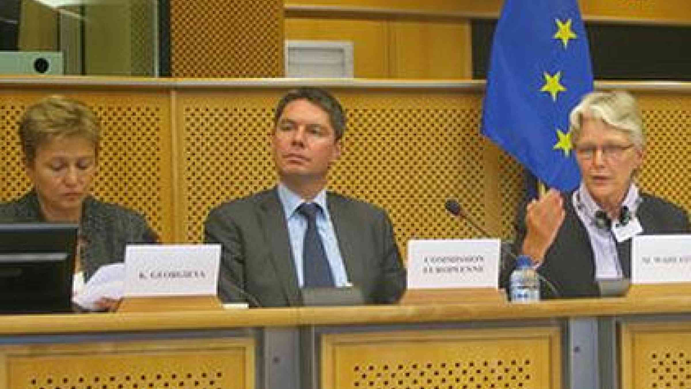 European Commissioner Kristalina Georgieva, Martijn Quinn, Member of Cabinet and Margareta Wahlström, Head of the UN Office for Disaster Risk Reduction (UNISDR) at the European Parliament in Brussels, 16 September 2013