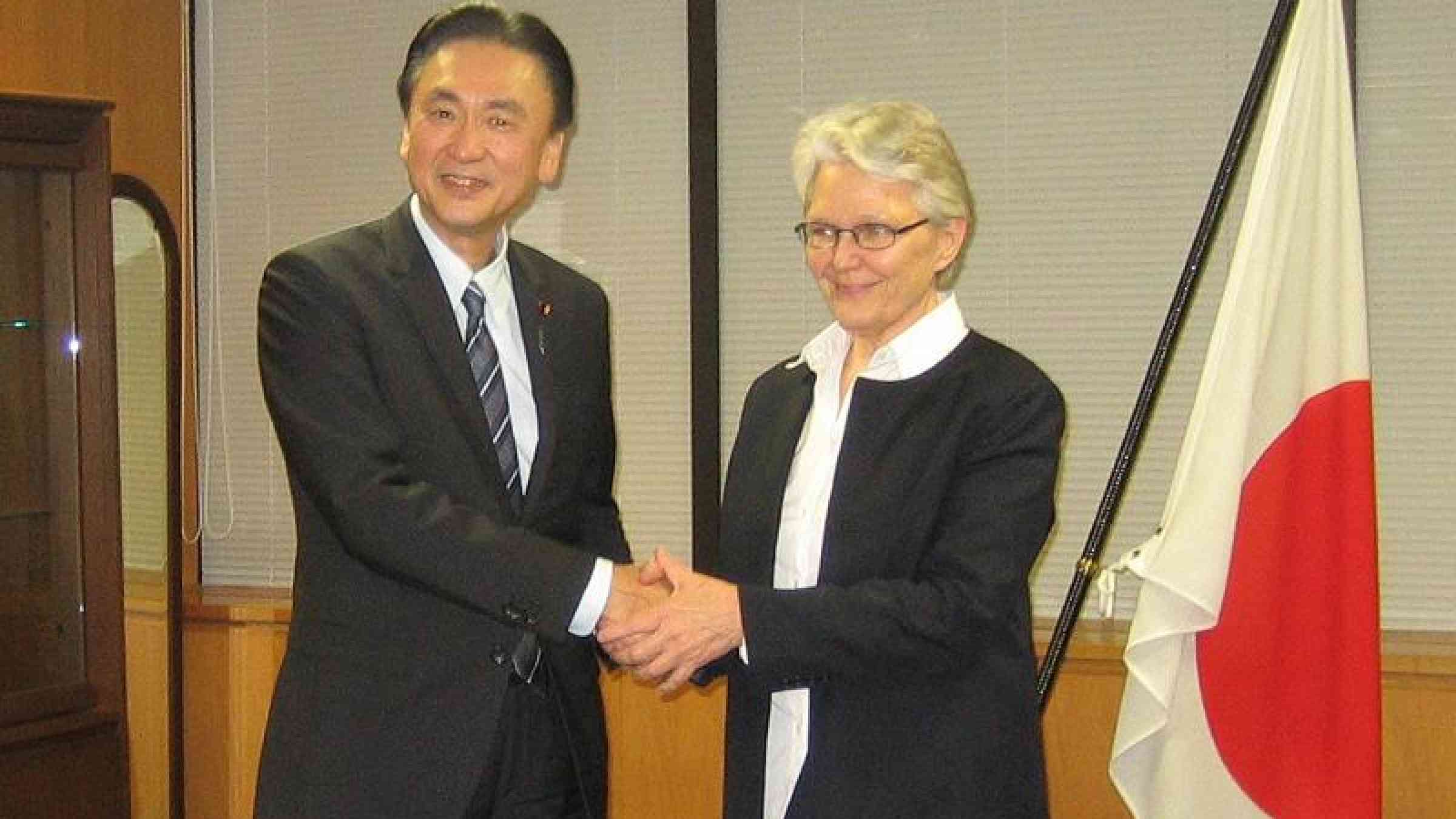UNISDR Chief Margareta Wahlstrom is pictured here with Japan's first ever Minister for Building National Resilience, Keiji Furuya, who is also Minister for Disaster Management.