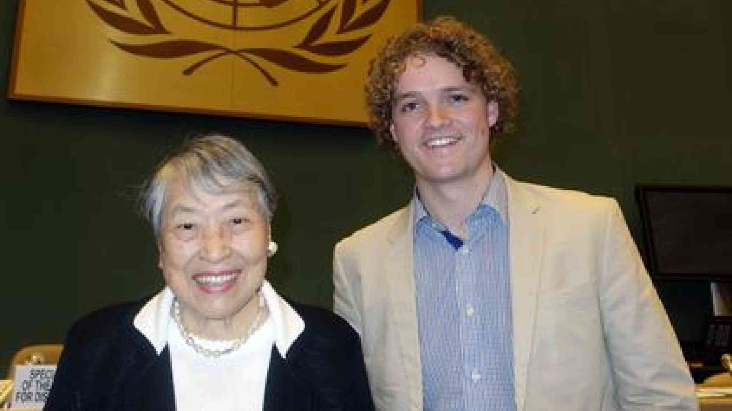 The former Japanese politician Akiko Domoto was two weeks shy of her 82nd birthday when she spoke on behalf of Women's Groups  at last month's Preparatory Committee Meeting for the 3rd UN World Conference on Disaster Risk Reduction in Geneva. She is accompanied here by Sam Johnson from New Zealand who spoke on behalf of Youth. Sam will be one of the two billion people over 60 by the year  2050. (Photo: UNISDR/Denis McClean)