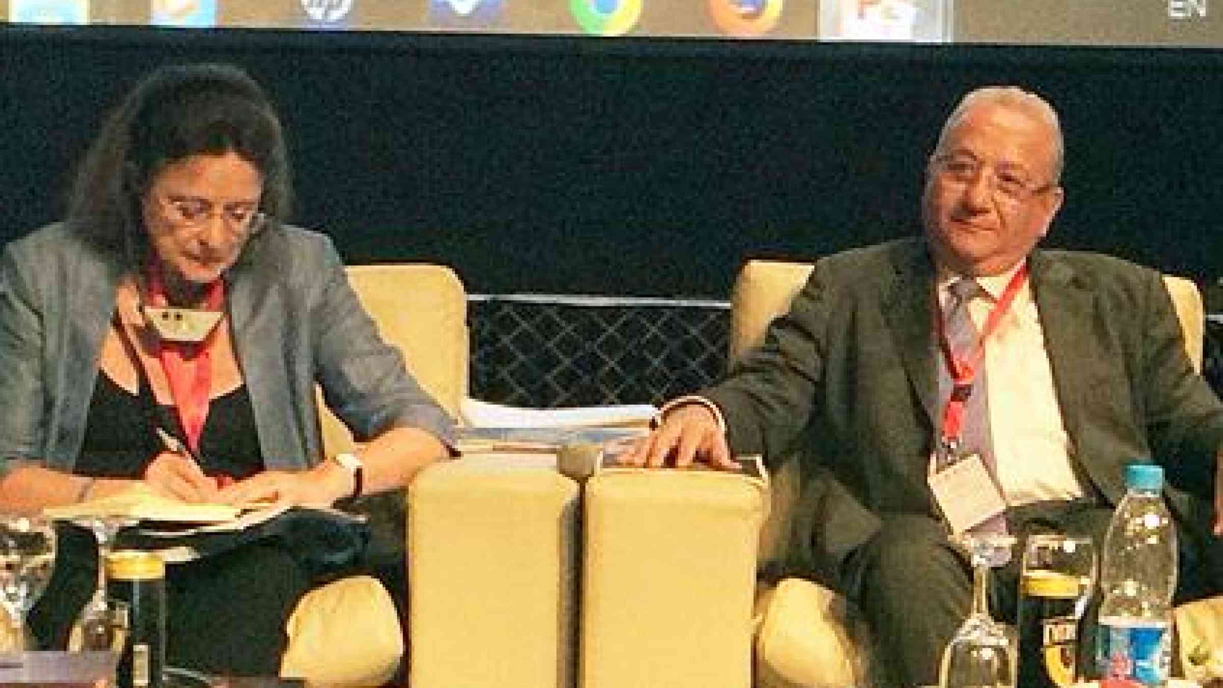Prof. Virginia Murray, vice-chair, UNISDR Science and Technology Commission, and Prof. Wadid Erian, League of Arab States, spoke on the risks to the Arab region from drought and climate change. (Photo: UNISDR)