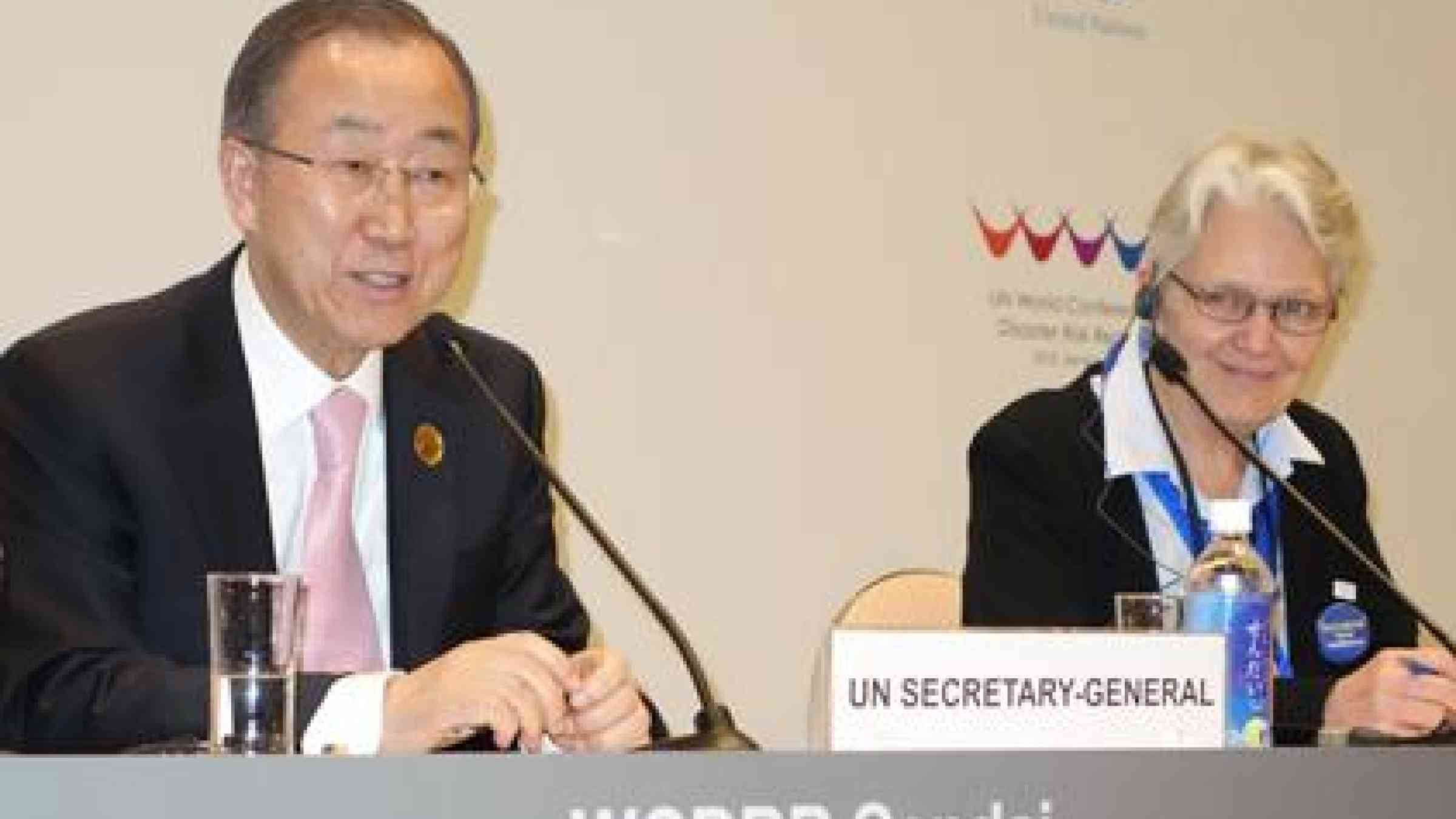 Speaking at a press conference, the UN Secretary-General, Ban Ki-moon, said: “Our thoughts are with all disaster victims. Our best possible tribute will be to make this Conference a success.” (Photo: UNISDR)