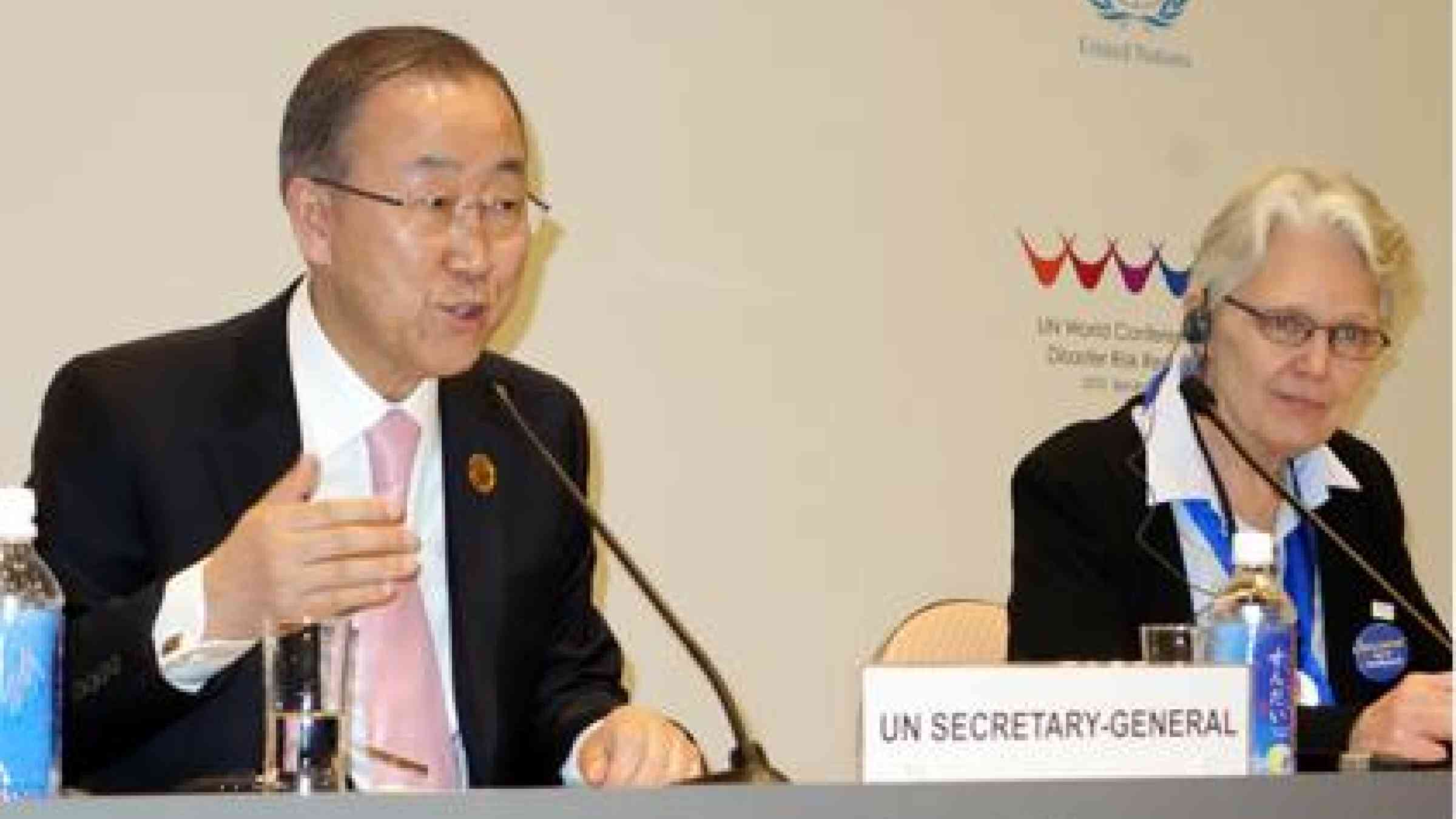UN Secretary-General Ban Ki-moon and UNISDR chief Margareta Wahlstrom briefing the media in Sendai, Japan,  at the World Conference which adopted the Sendai Framework for Disaster Risk Reduction in March. (Photo: UNISDR)