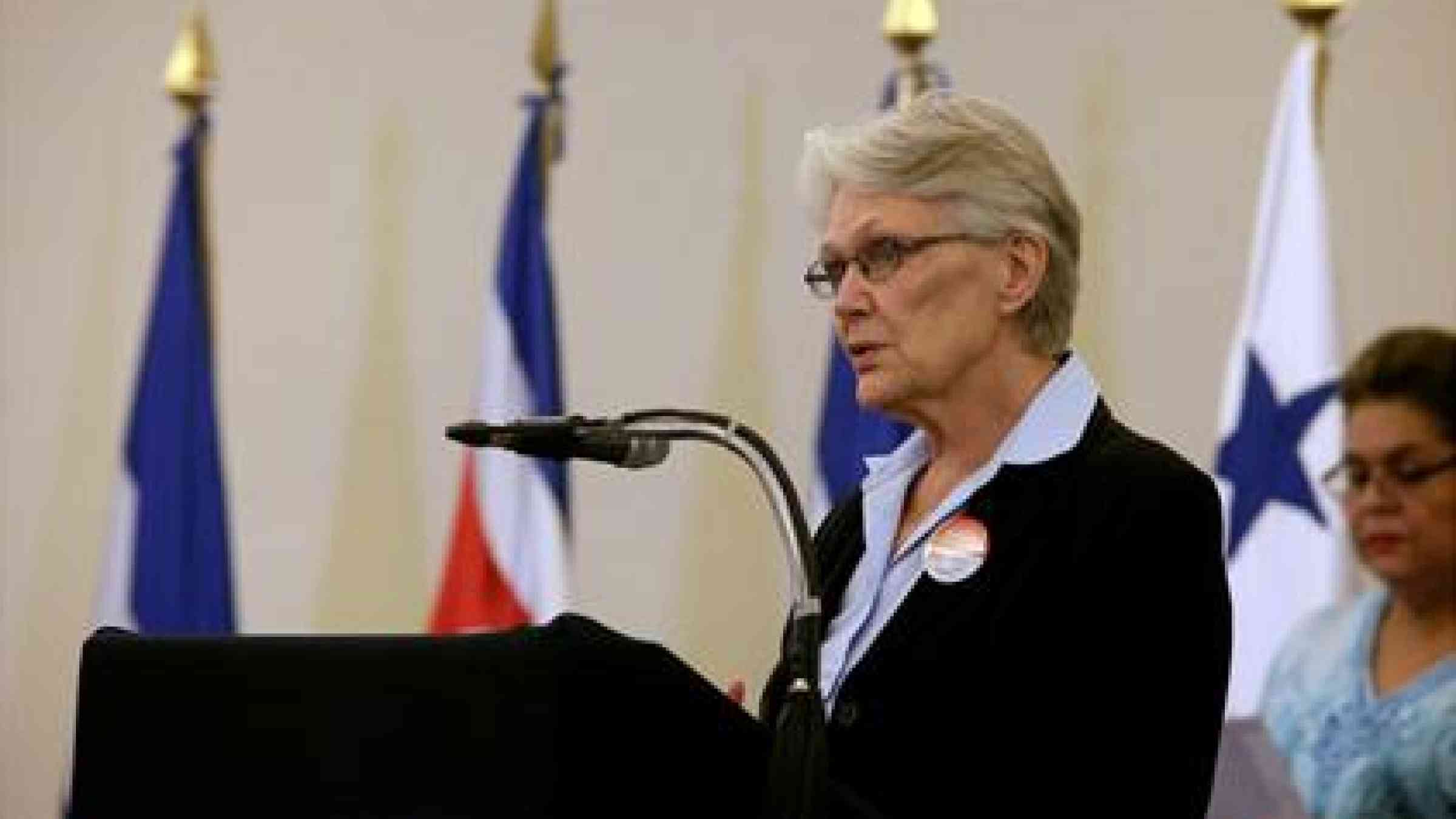 Margareta Wahlström, Special Representative of the UN Secretary-General for Disaster Risk Reduction, addresses the Central American forum. (Photo: Presidency of El Salvador)