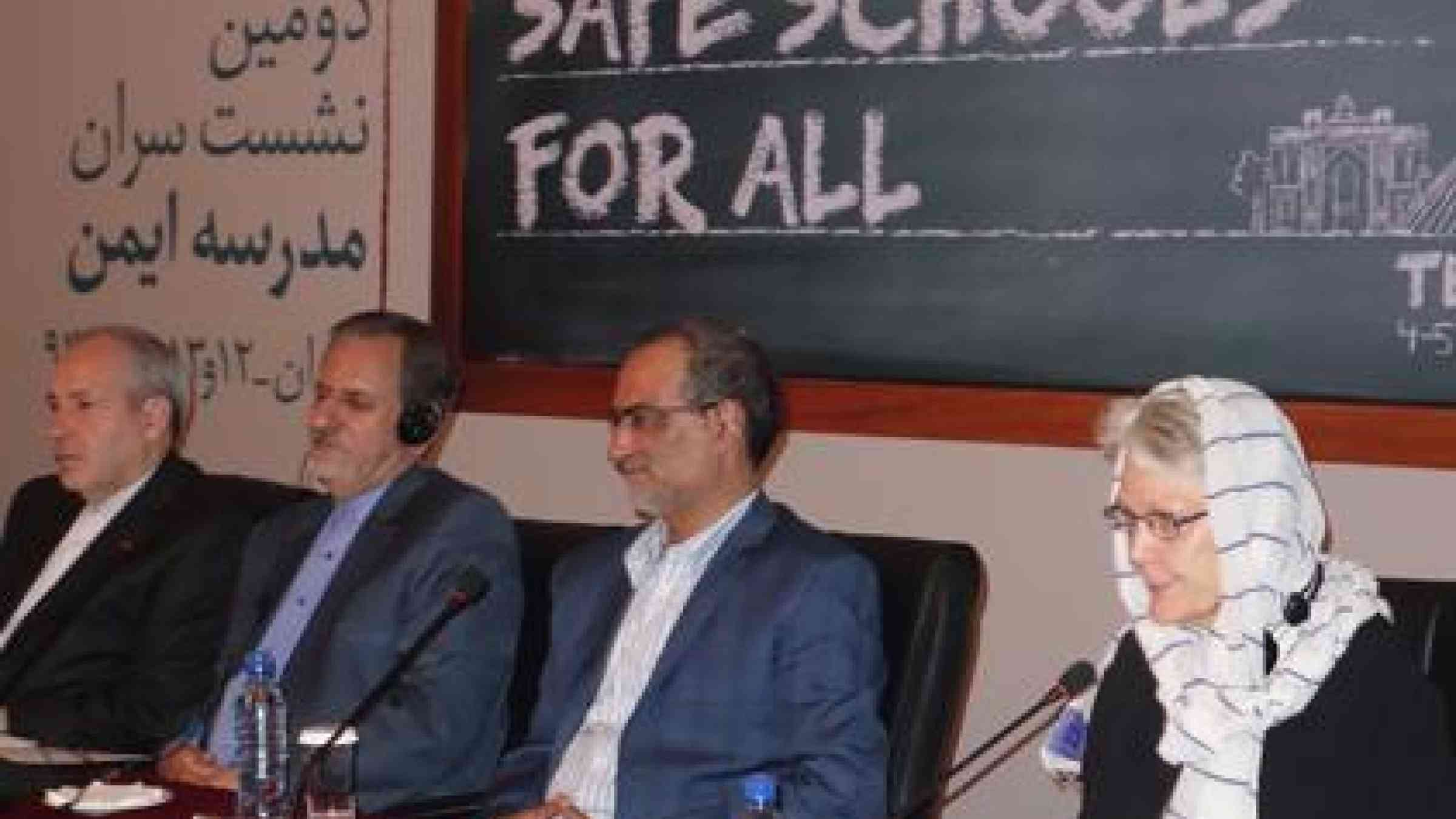 At this week's meeting of Safe School Leaders in Tehran, from left to right, Iran Minister for Education, Mr. Ali-Asghar Fani, First Vice-President of Iran, Mr. Es'hagh Jahan Giri, Deputy Minister for Education, Dr. Morteza Raissi Dehkordi, and Ms. Margareta Wahlstrom, head of UNISDR. (Photo: UNISDR)