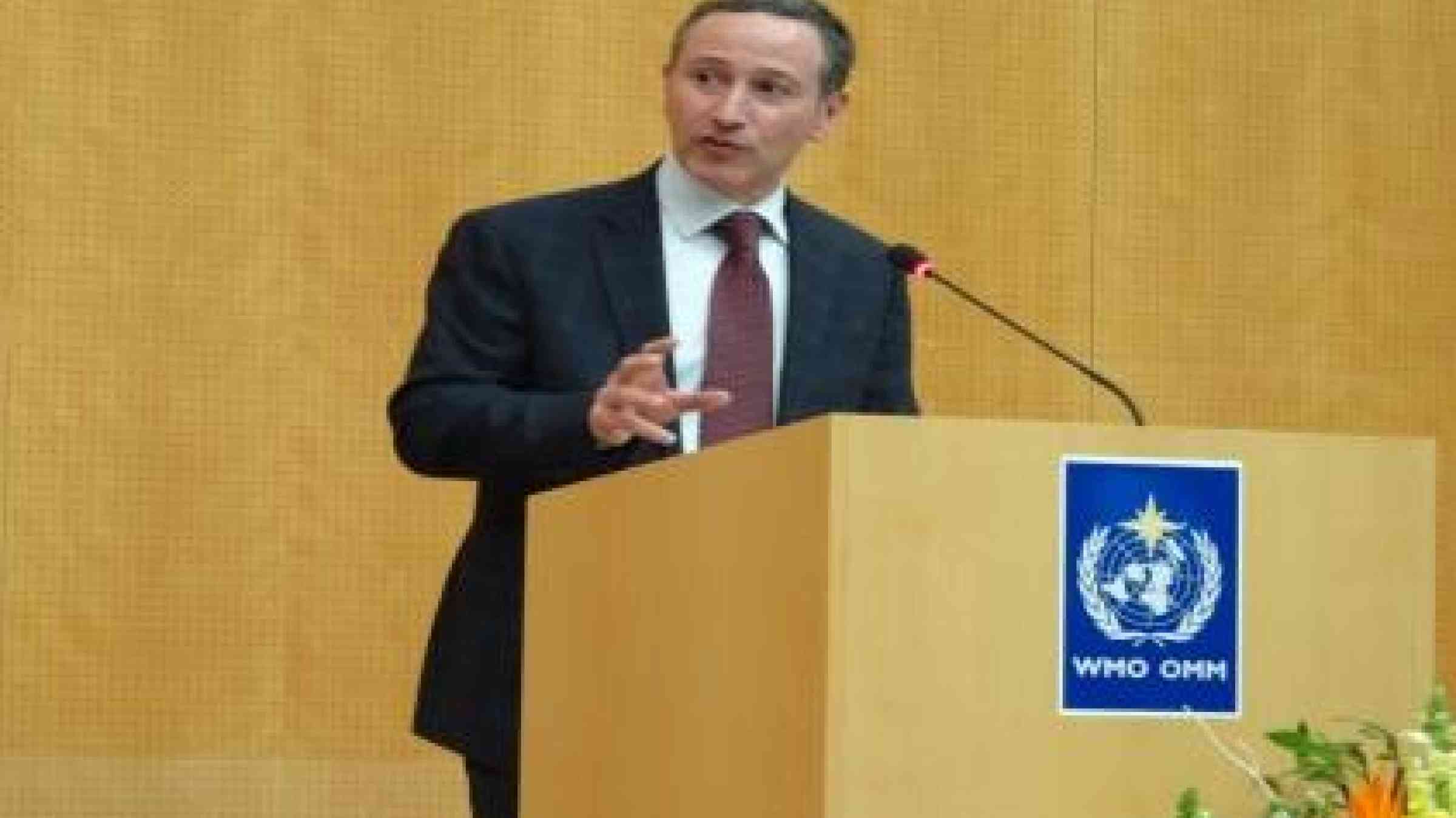 Mr. Robert Glasser, Special Representative of the UN Secretary-General for Disaster Risk Reduction, addresses the World Meteorological Organization's event (Photo: UNISDR)