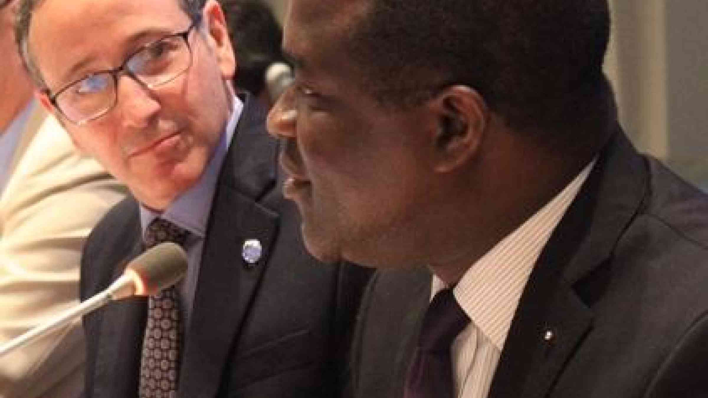 Mr. Robert Glasser, Special Representative of the Secretary-General for Disaster Risk Reduction (left), listens as Mr. Vandi Chidi Minah, Permanent Representative of Sierra Leone to the United Nations, addresses the session on sustainable development (Photo: UNISDR)