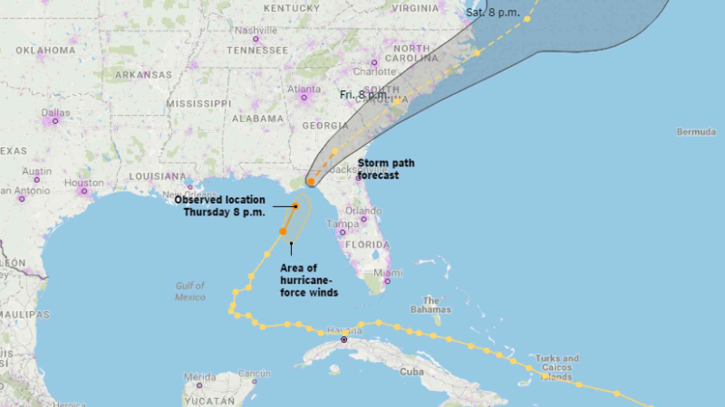 The storm path for Hurricane Hermine which made landfall in Florida earlier today