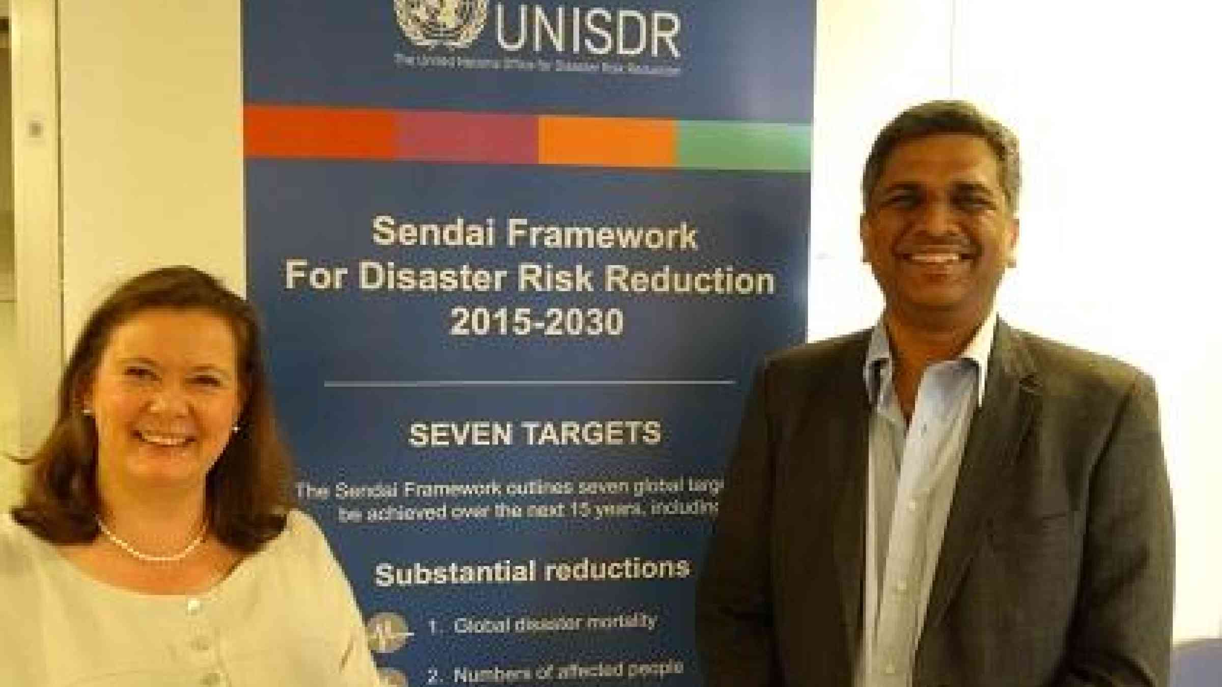 Ms. Kirsi Madi, Director of UNISDR, with Mr. Manu Gupta, founder and director of SEEDS, on his recent visit to UNISDR in Geneva