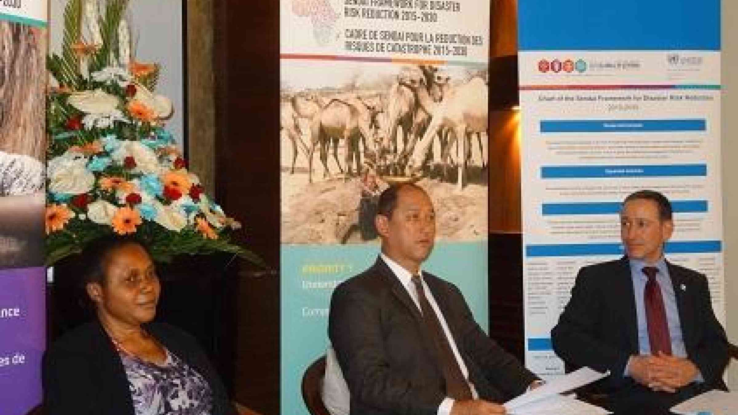 Mauritius Government Minister Alain Wong Yen Cheong (centre) speaking to the media yesterday following the opening of the Africa Regional Platform on Disaster Risk Reduction with Ms. Olushola Olaide of the African Union Commission, and Mr. Robert Glasser, head of UNISDR.