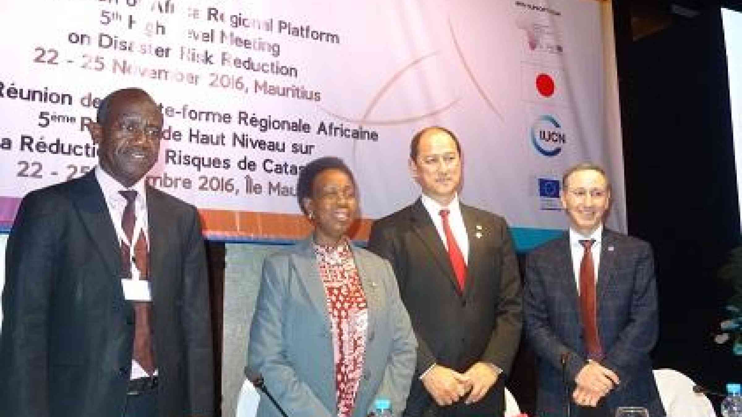 (from left) Mr. Patrick Kangwa, SADC, Mrs. Rhoda Peace Tumusiime, AUC Commissioner, Mr. Alain Wong, Environment Minister, Mauritius, Mr. Robert Glasser, head of UNISDR