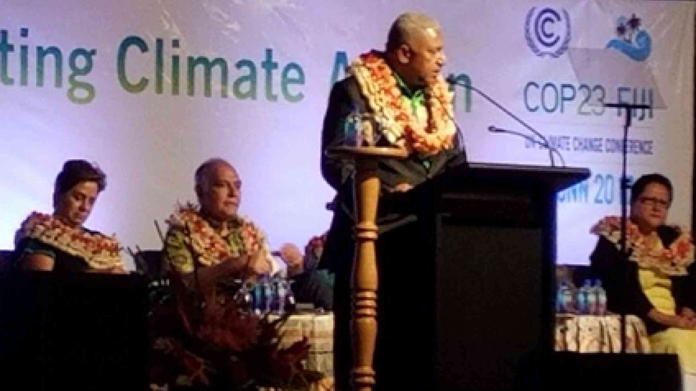 Prime Minister Bainimarama of Fiji speaking at the pre-COP23 meeting in Nadi, Fiji (photo: UNISDR)