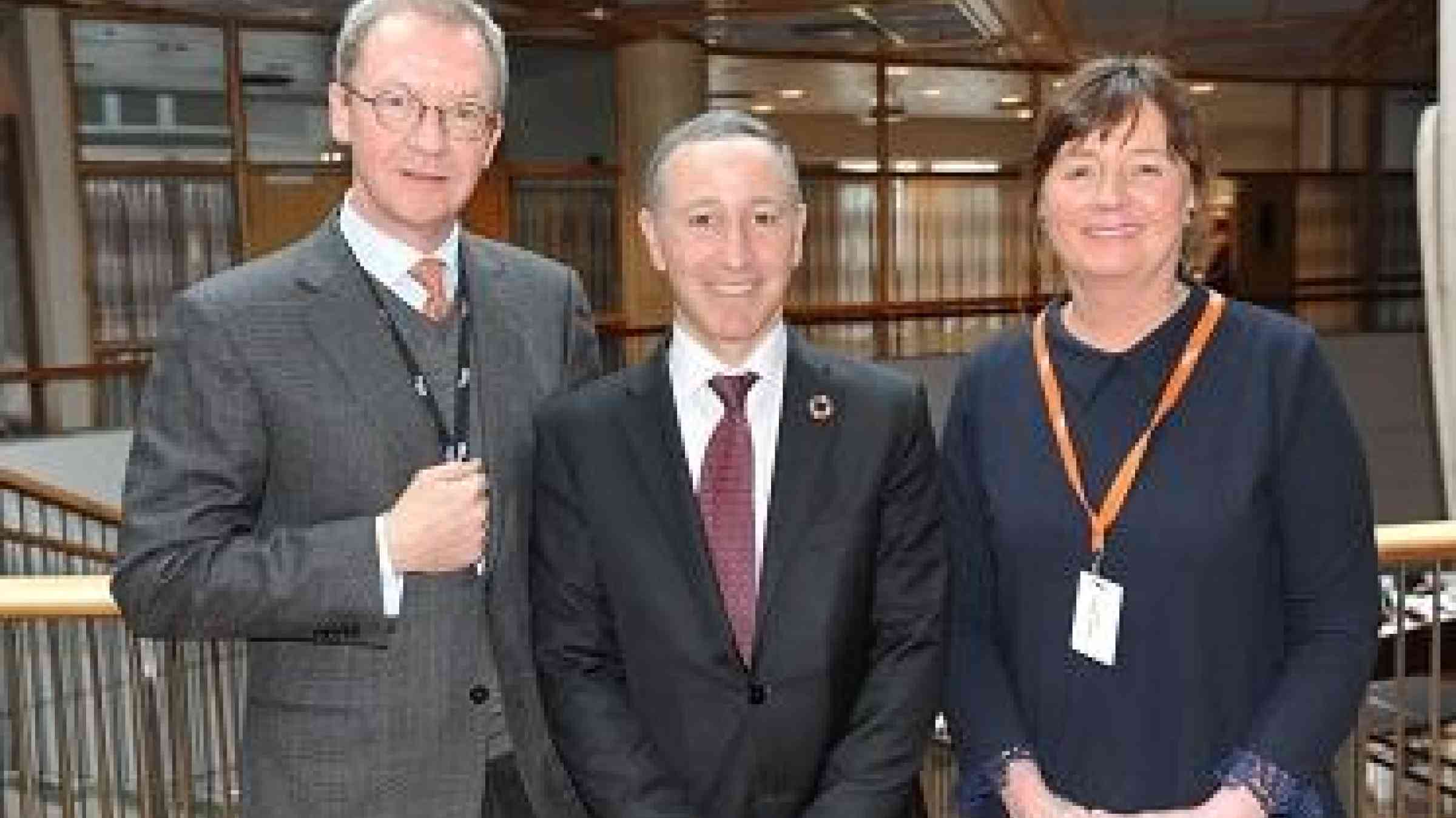 (from left) Idar Kreutzer, CEO of Finance Norway,  Robert Glasser, head of UNISDR, and Cecilie Daae, Director, Norwegian Directorate for Civil Protection (DSB)